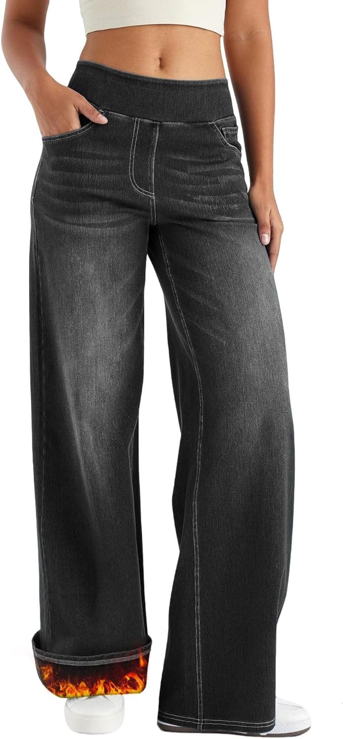 Fara | Denim High Waist Wide Leg Pants with Fleece Lining for Women
