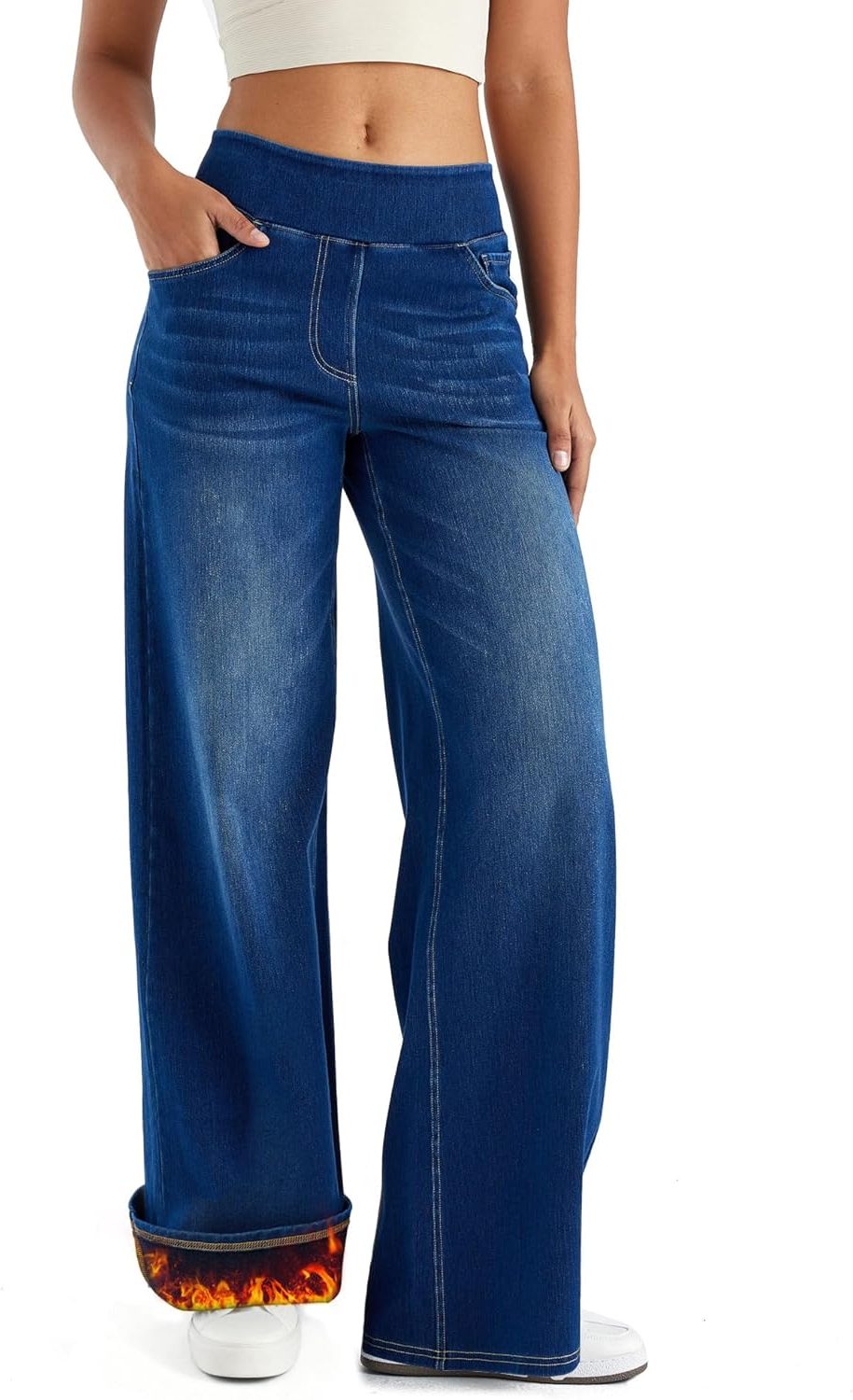 Fara | Denim High Waist Wide Leg Pants with Fleece Lining for Women