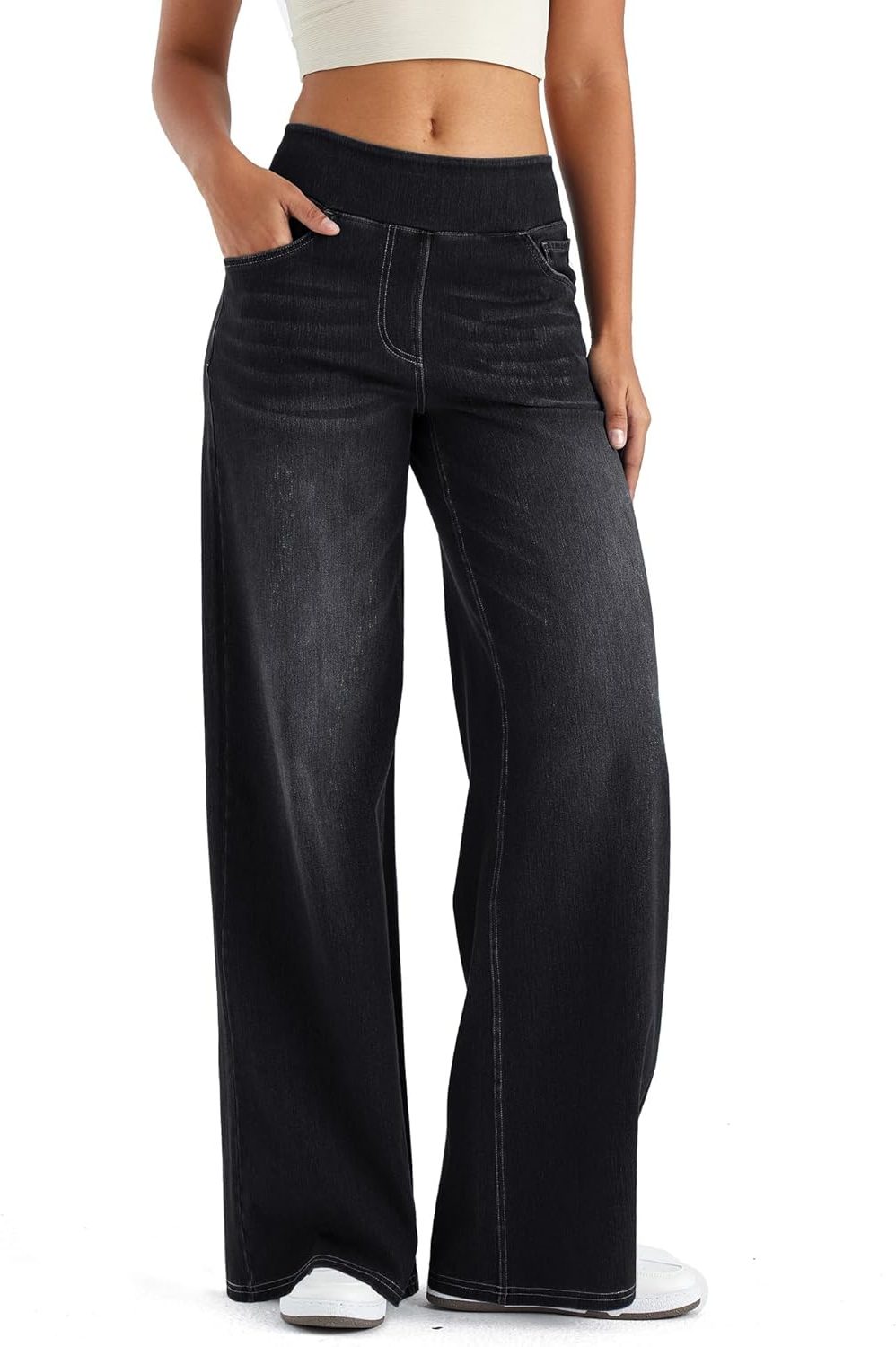 Fara | Denim High Waist Wide Leg Pants with Fleece Lining for Women
