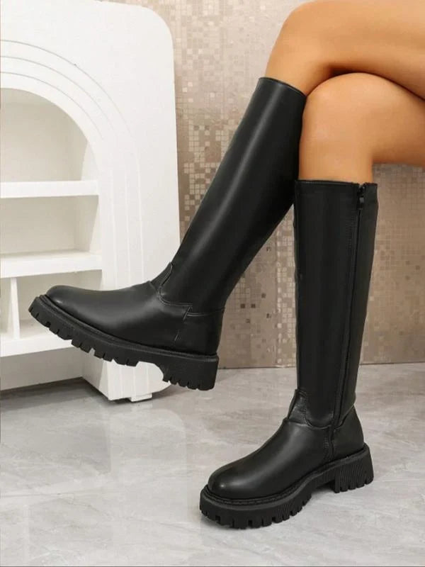 Knee-High Leather Boots For Women | Side Zipper Motorcycle