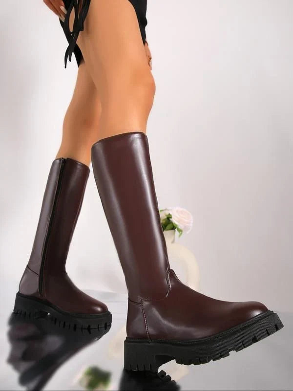 Knee-High Leather Boots For Women | Side Zipper Motorcycle