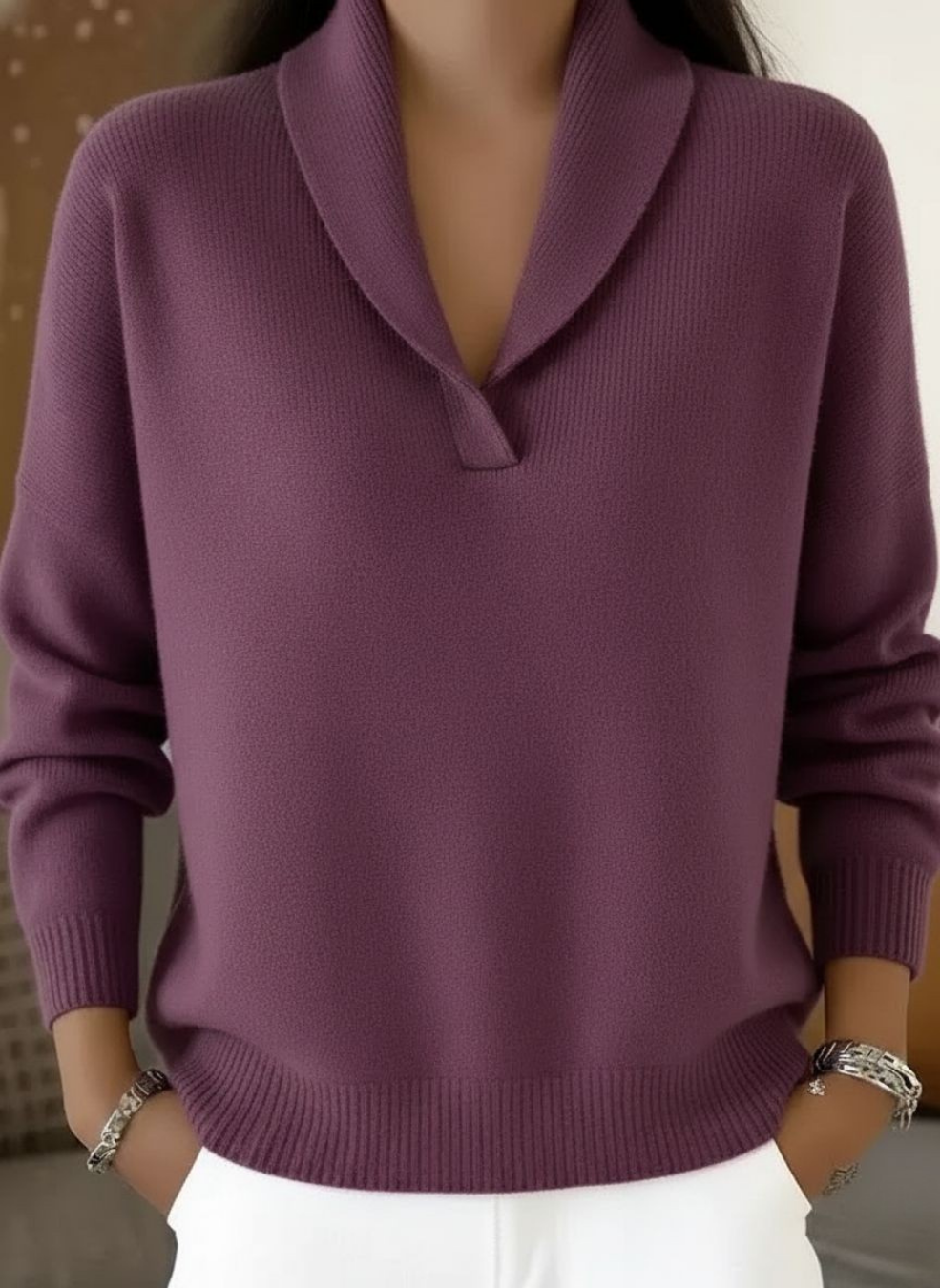 Solenne - Draped Collar Knit Top Everyday Layering