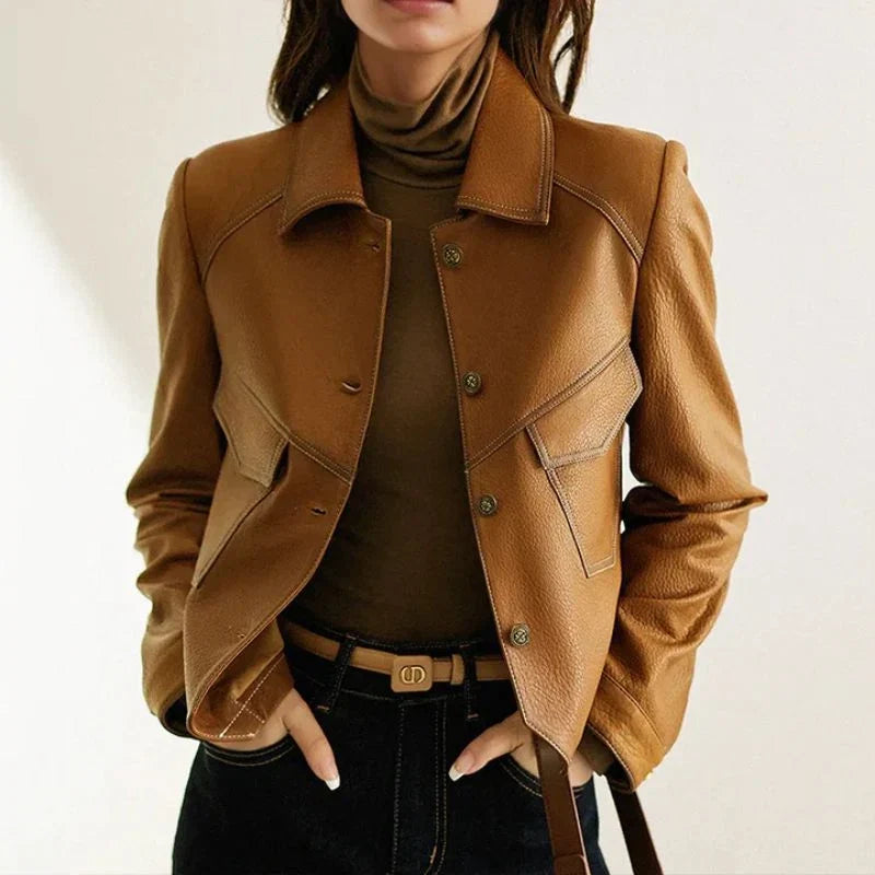 Women's Leather Jacket | Button Front Cropped