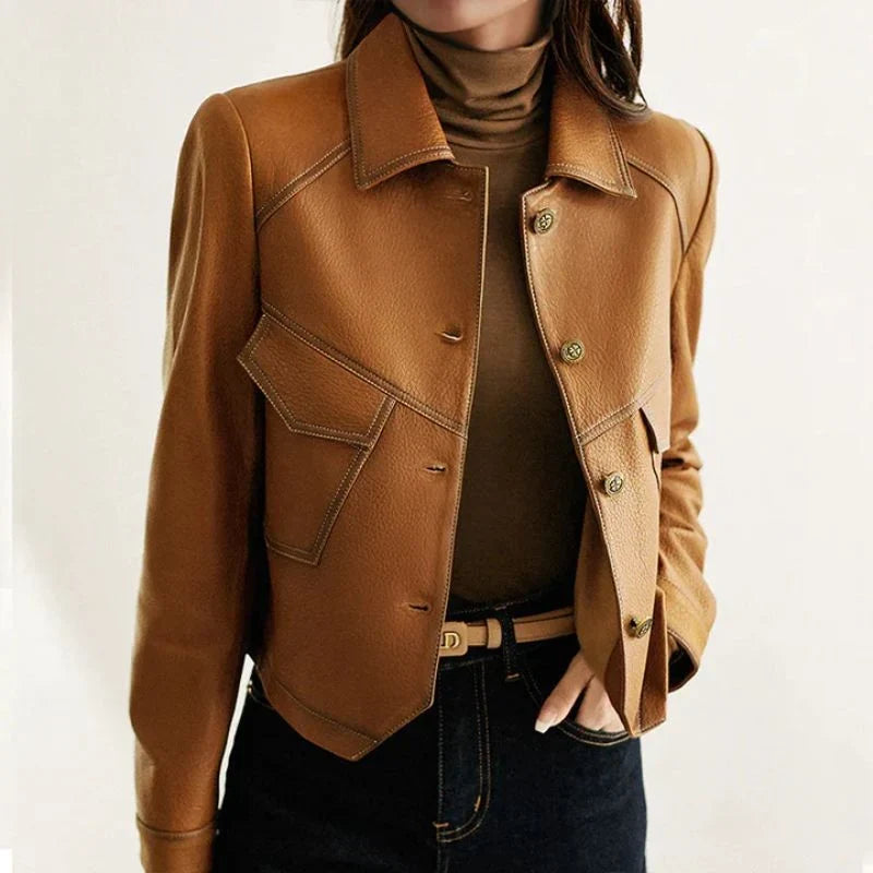 Women's Leather Jacket | Button Front Cropped