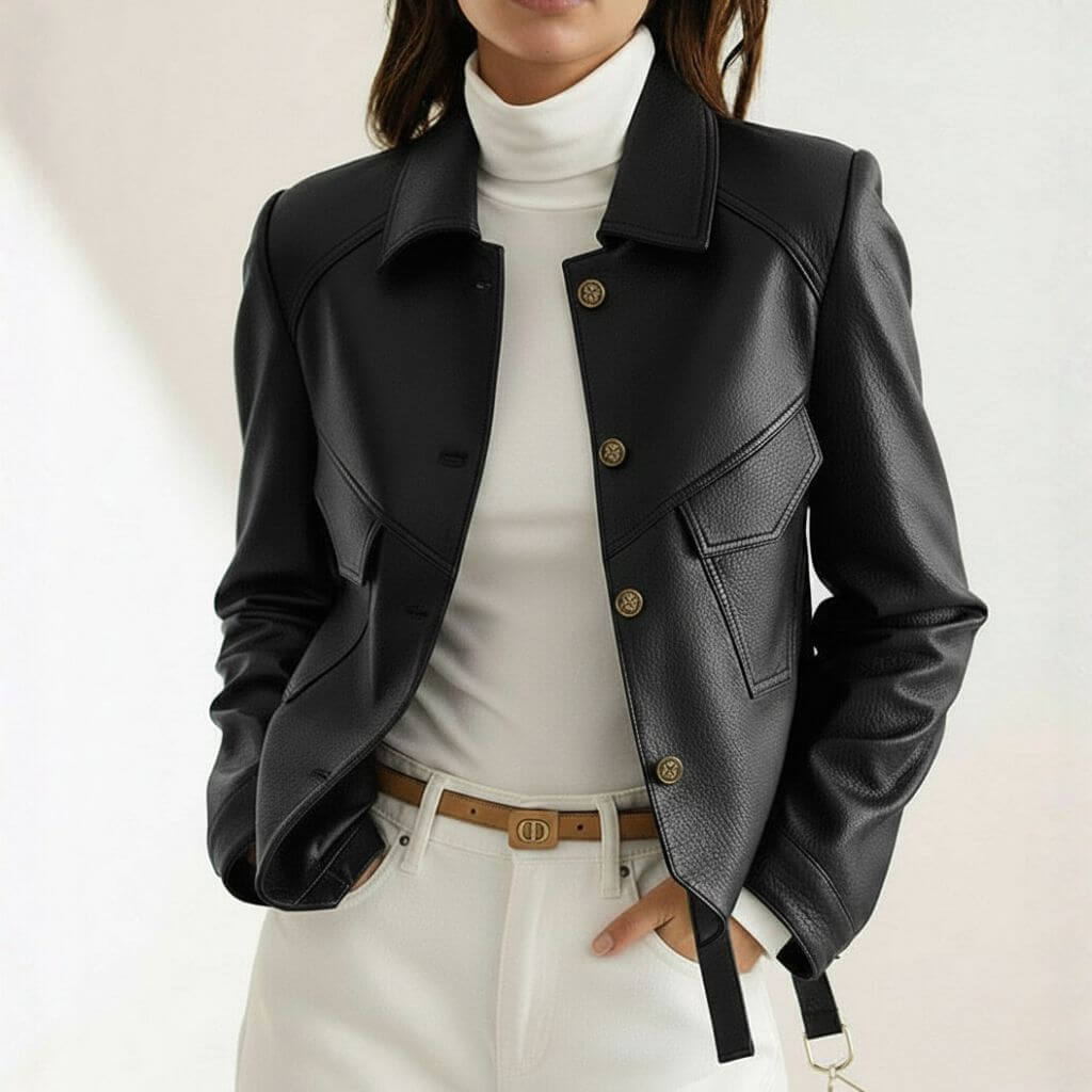 Women's Leather Jacket | Button Front Cropped